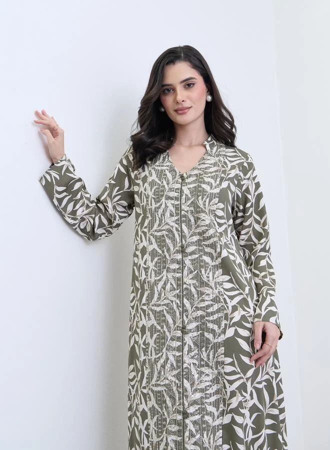 Amirah Women Green Leaf Print A-Line Abaya
